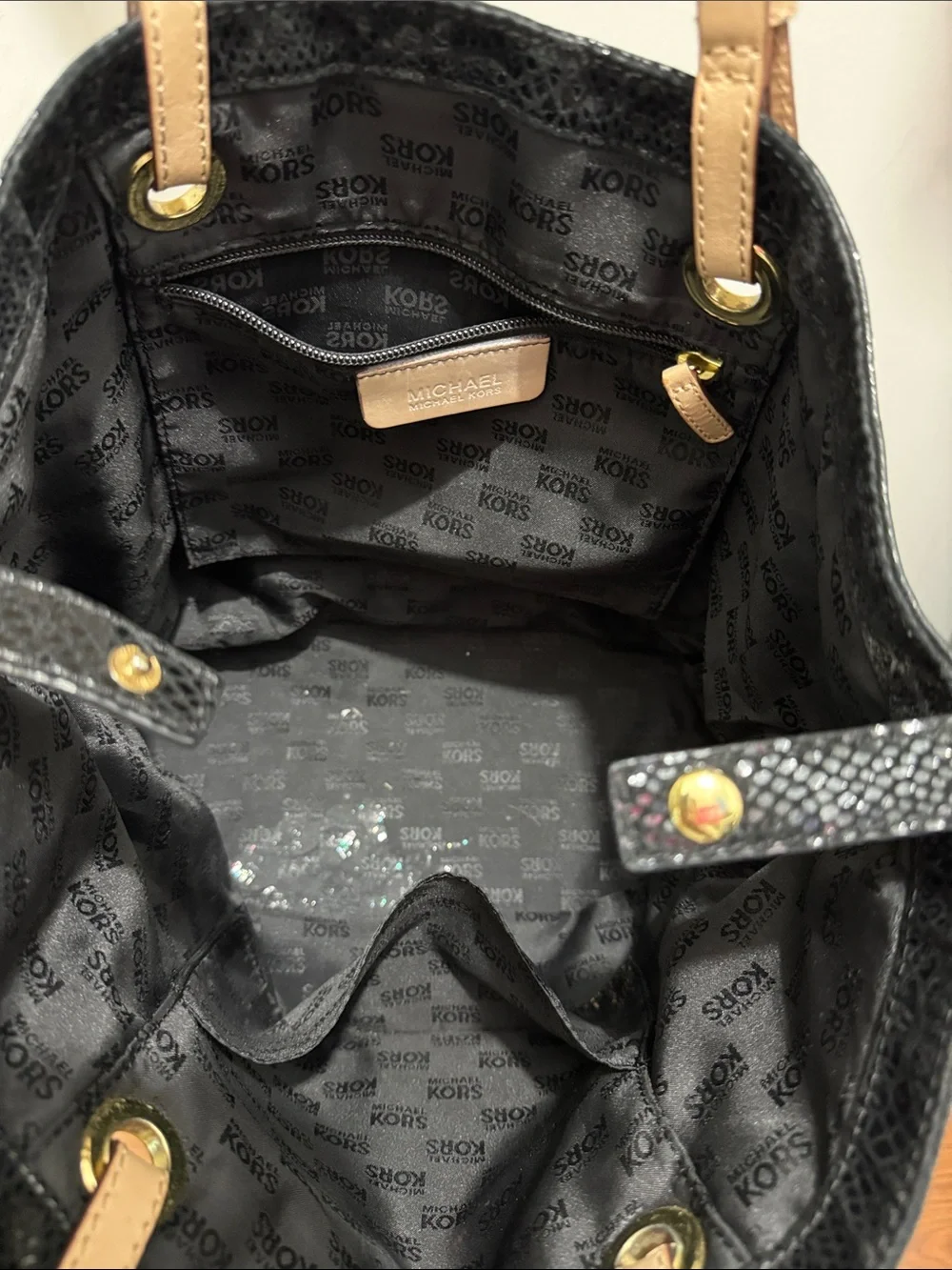 Michael Kors Black Faux-Snake Tote with Tan Shoulder Straps